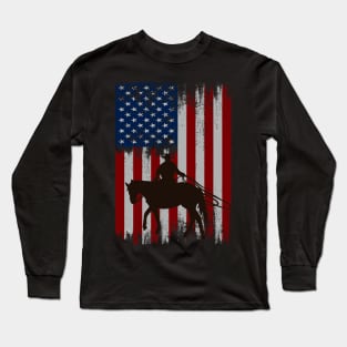 cowboy american flag vintage usa  cowboy Rodeo Roping Horse Riding Long Sleeve T-Shirt